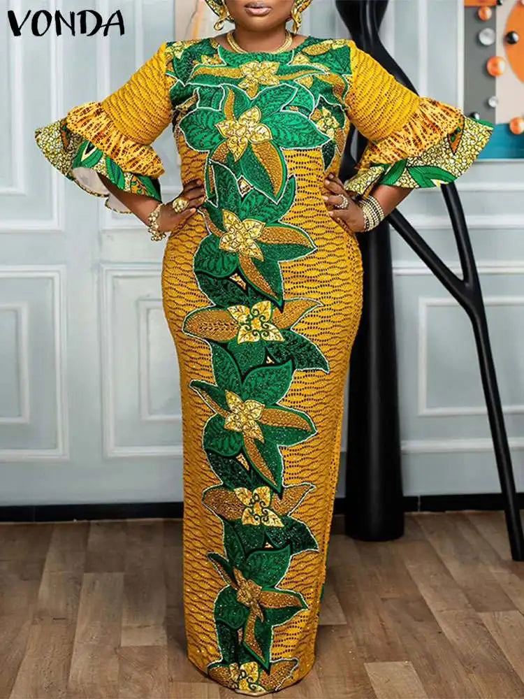 Floral Print Maxi Dress With Three Quarter Sleeves Casual