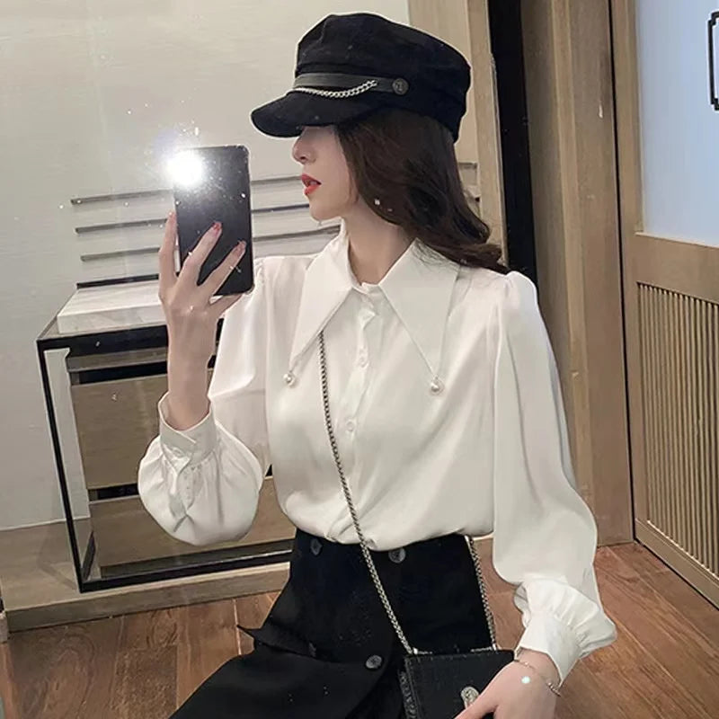 Chic Spring Elegant Women Chiffon Blouse with Beaded Pointed Collar, perfect for office or casual outings.
