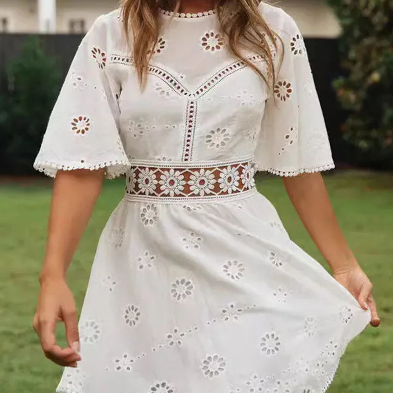 White Hollow Backless Mini Dress With Floral Embroidery
