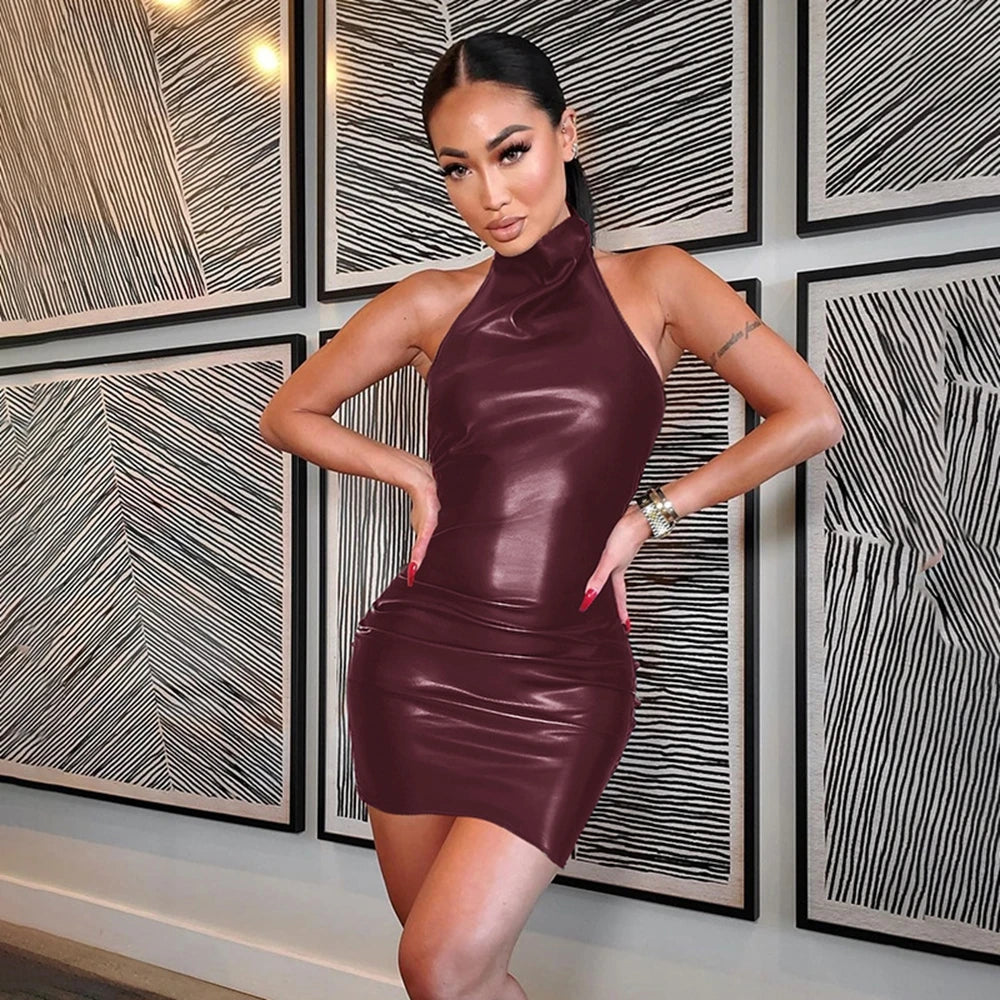 Women's PU Leather Halter Neck Back Dress Slim Fit Spring