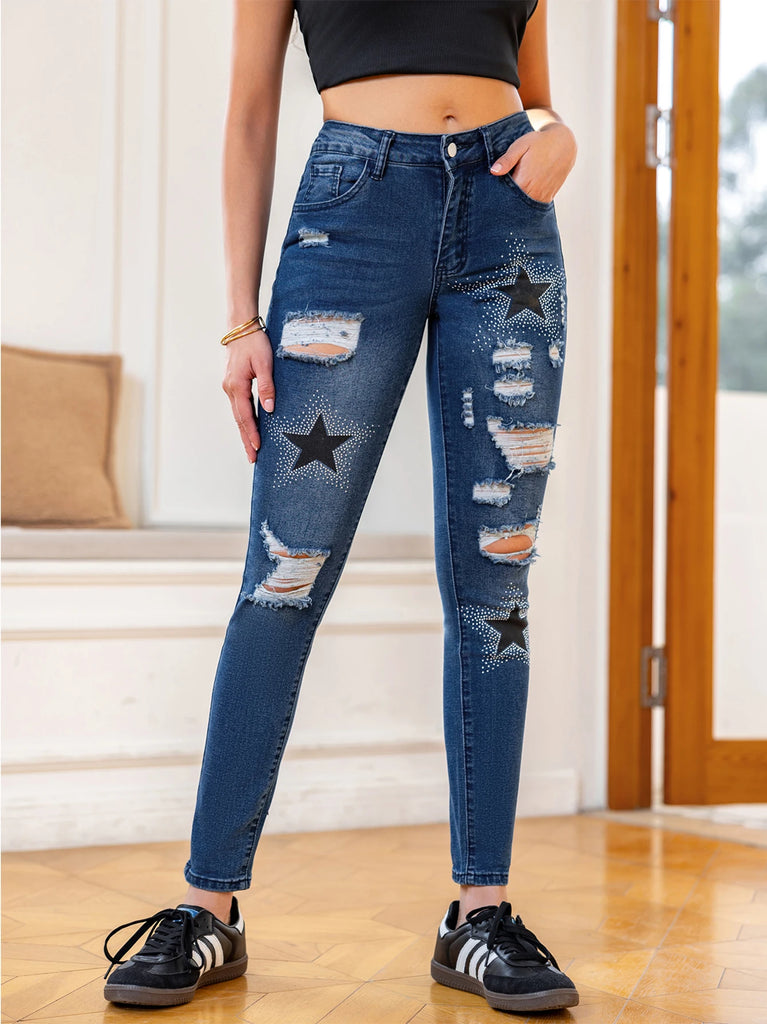 Star Pattern High Waisted Skinny Denim Jeans For Women