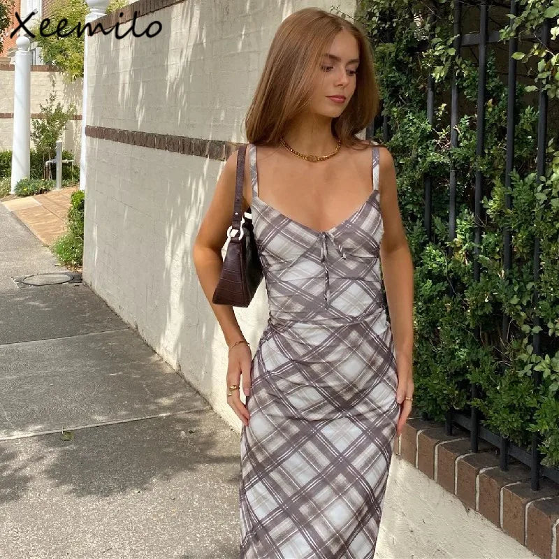 Vintage Plaid Print Maxi Dress Backless Spaghetti Straps