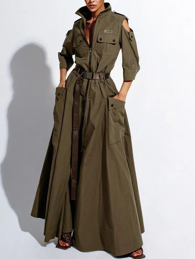 Solid Maxi Shirt Dress With Pockets Belt Turndown Neck