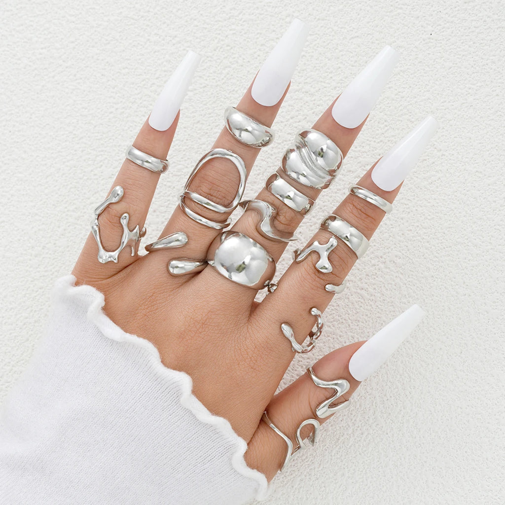 Stylish 15Pcs Geometric Open Rings Set for Women Chunky Silver Hip Hop Jewelry, perfect for elevating any outfit.