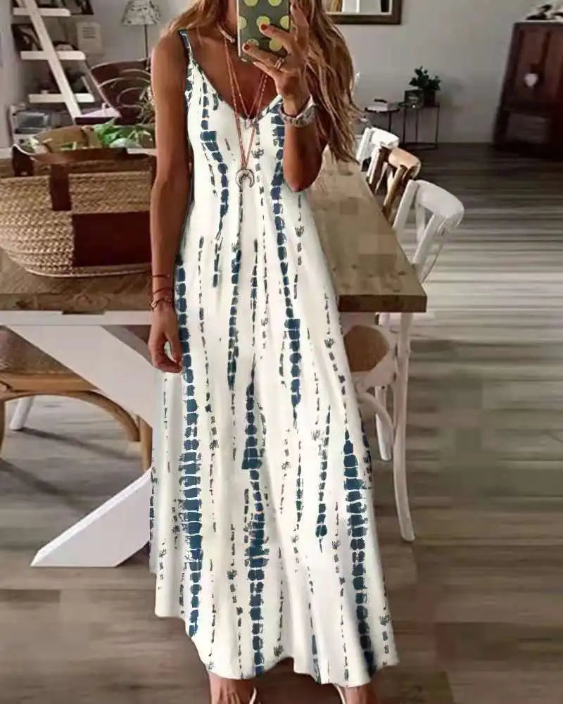Sling Dress Tie Dye Print Flared Maxi Casual Dress