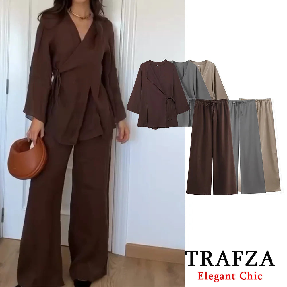 Stylish Casual Chic Solid Two Piece Women Set with Long Sleeve Kimono Jacket and Pants Nightwear Suit by TRAFZA.