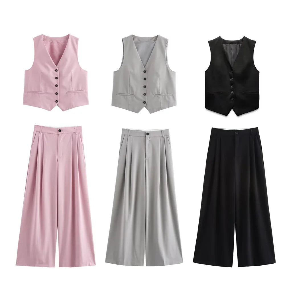Stylish Niche Loop Belt Decoration Casual Vest and Wide Leg Pants Set in pink, gray, and black for a chic look.