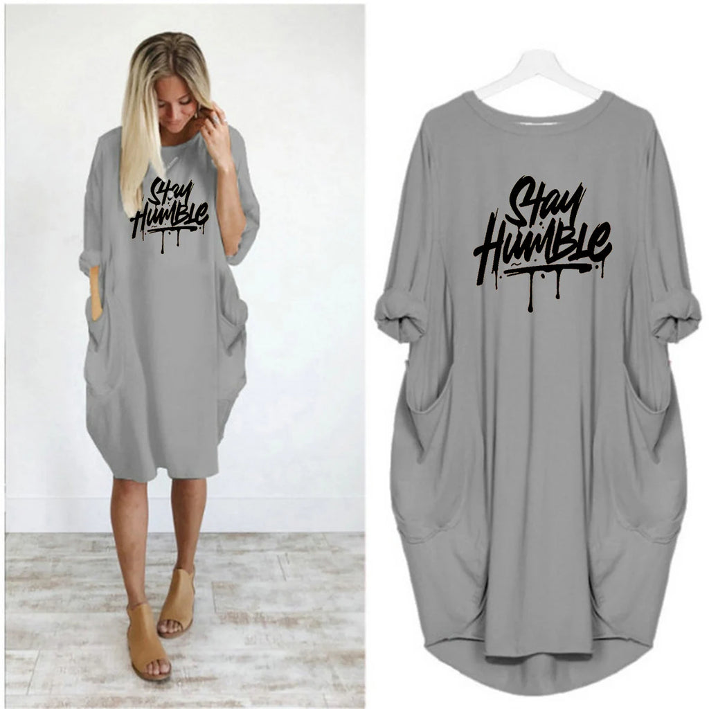 Plus Size Casual Dress With Pockets Long Sleeve Letter