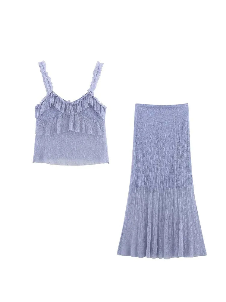Women Summer Lace Two Piece Set Camis Tops And Skirts