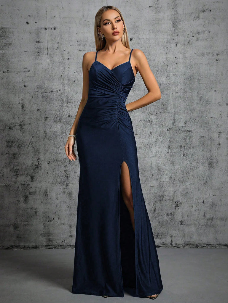 Halter Pleated Fishtail Evening Gown With Irregular Slit