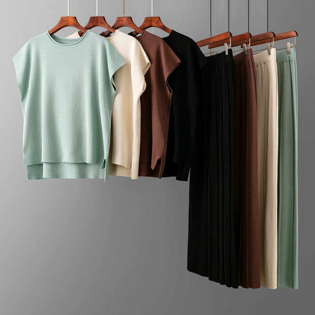 Women Two Piece Knitted Set Loose Pullover Top With Wide Leg Pants