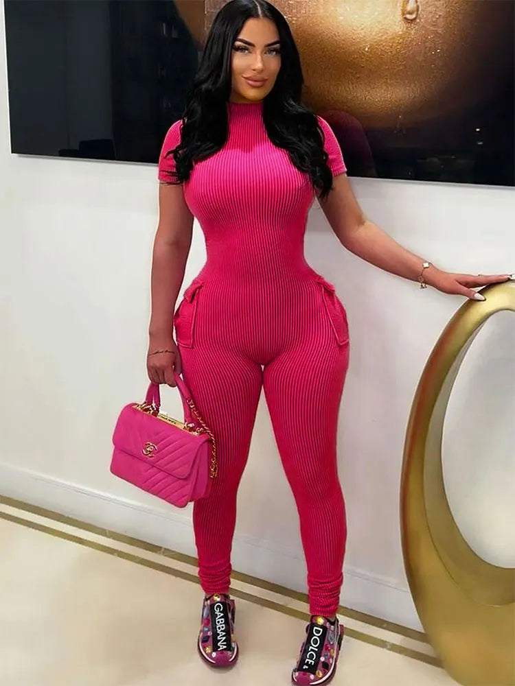 Stylish Sexy Sweet Pink Hollow Out Jumpsuit for Women, perfect casual streetwear with pockets for spring fashion.