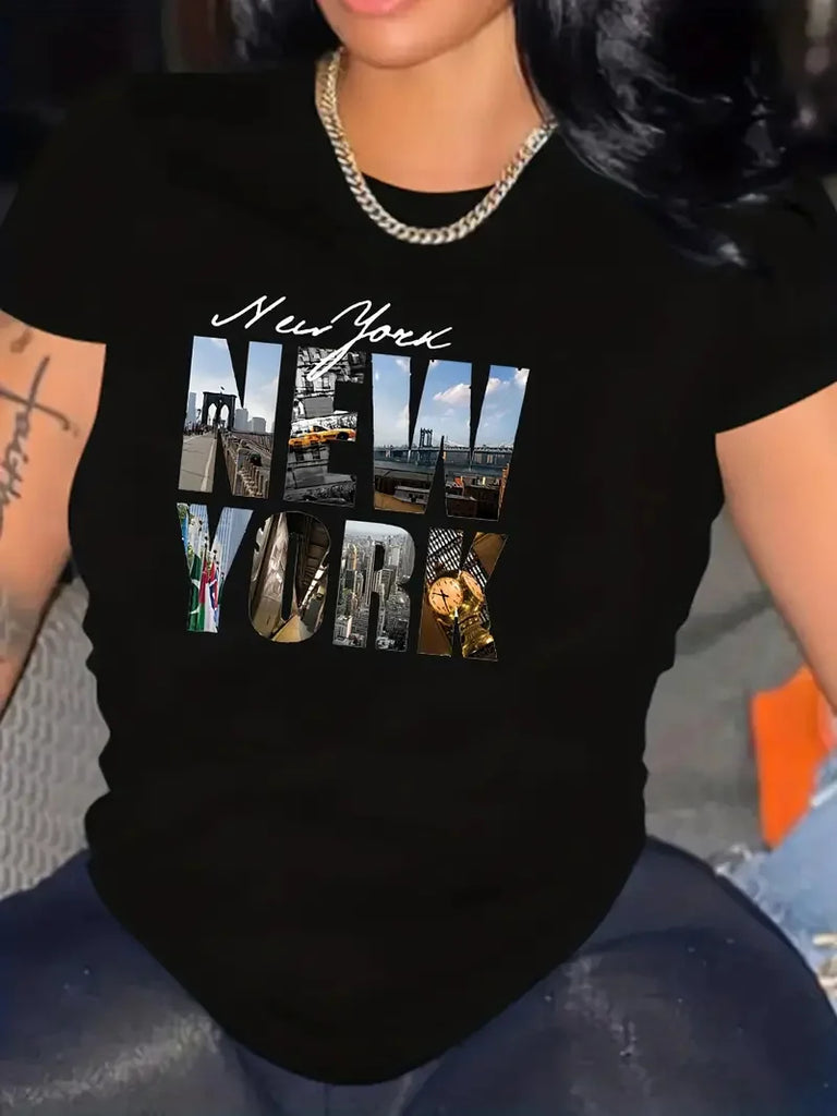New York Letter Print Graphic T Shirt for Women, Breathable Short Sleeve Crew Neck Summer Tee