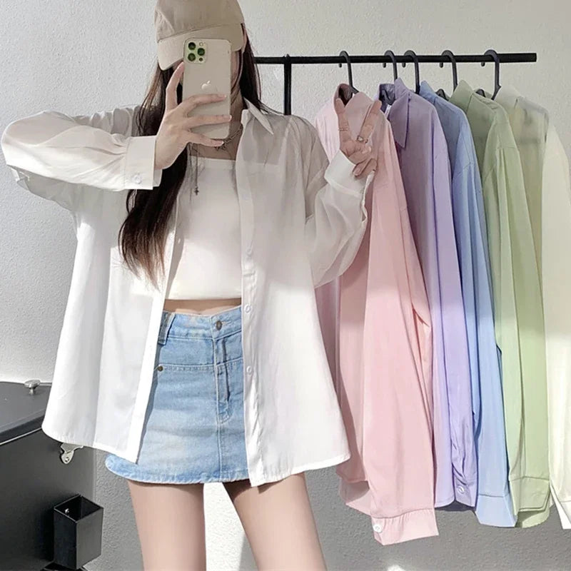 Silky Oversize Button Down Shirt for Women Long Sleeve Boyfriend Blouse, perfect summer cover-up for casual teen girl outfits.