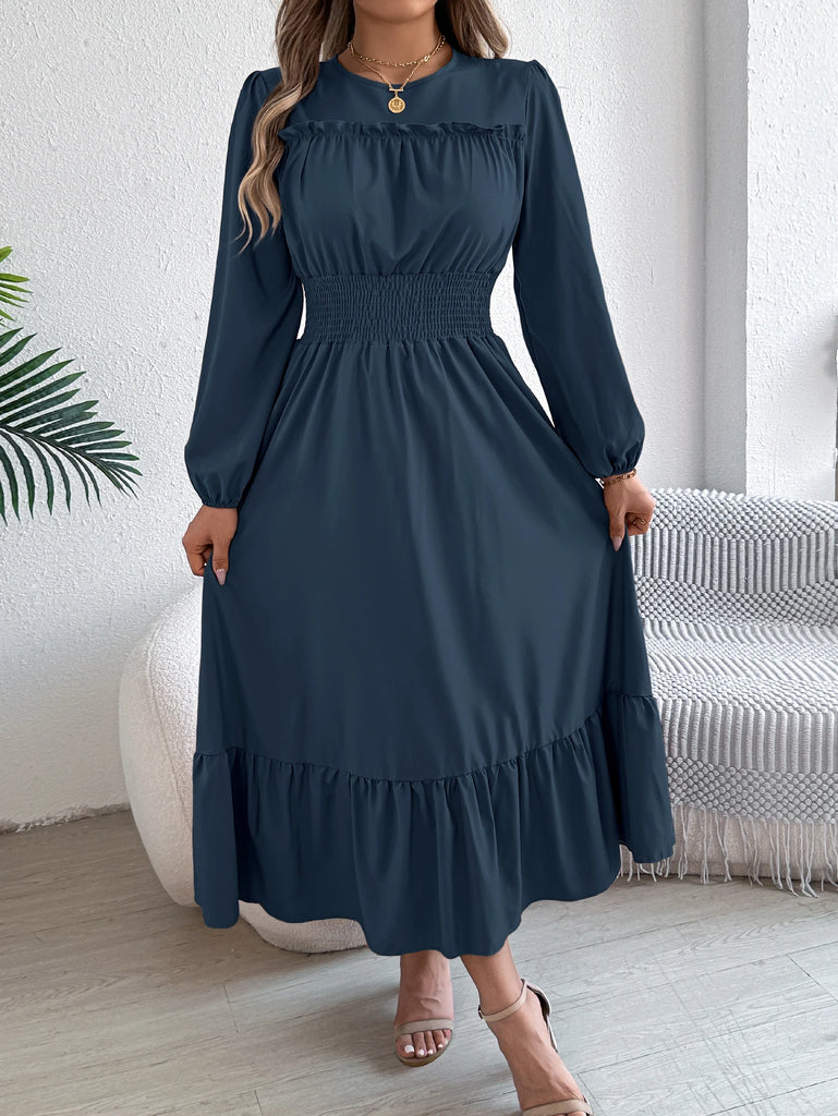 Elegant Long Sleeve Dress With Cinched Waist Solid Color