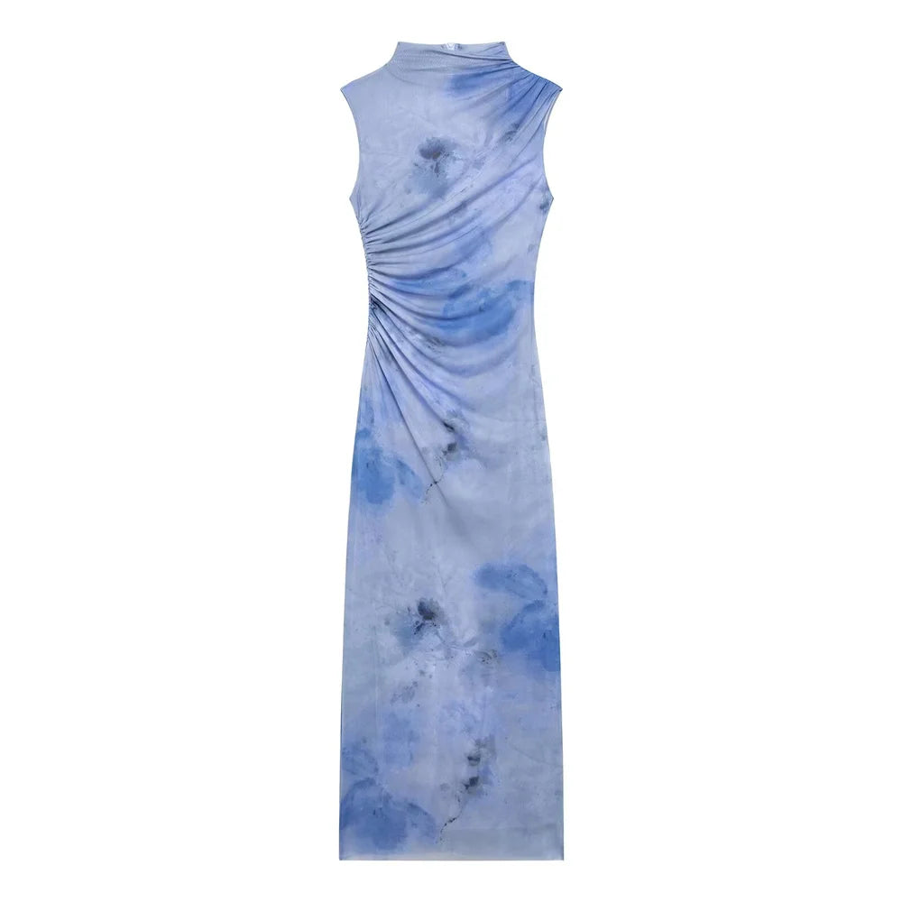 Slimming Printed Sleeveless Dress With Stand Up Collar