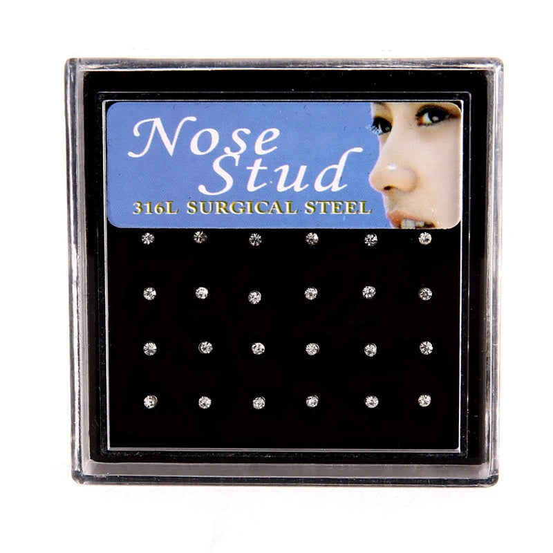 Stylish 24pcs Colorful Rhinestone Nose Rings and Studs for Women with Stainless Surgical Steel, perfect for unique expression.