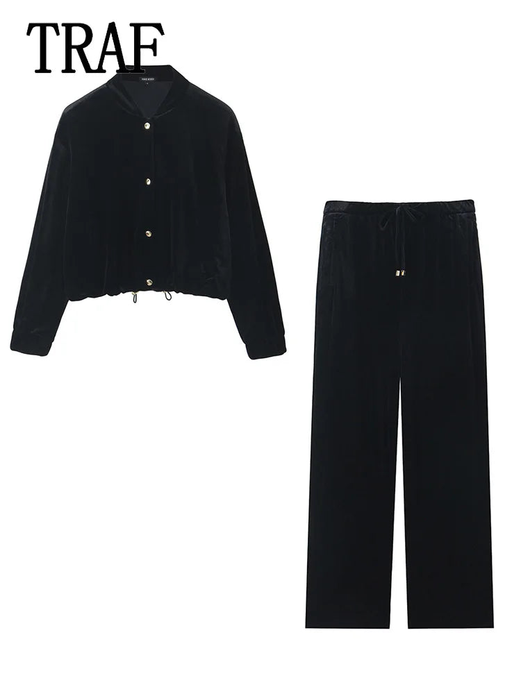 Women Velvet Trouser Set Wide Leg Pants with Long Sleeve Short Coat Top Stylish Streetwear Outfit for Women
