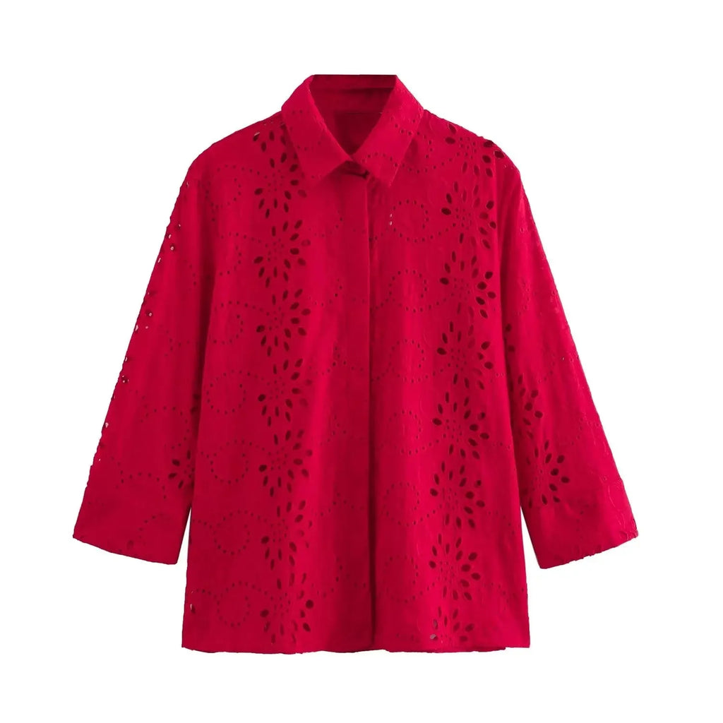 Red TRAFSHE Women Casual Embroidered Hollow Single Breasted Lapel Shirt Top Long Sleeve Curved Hem Loose Fit Blouse.