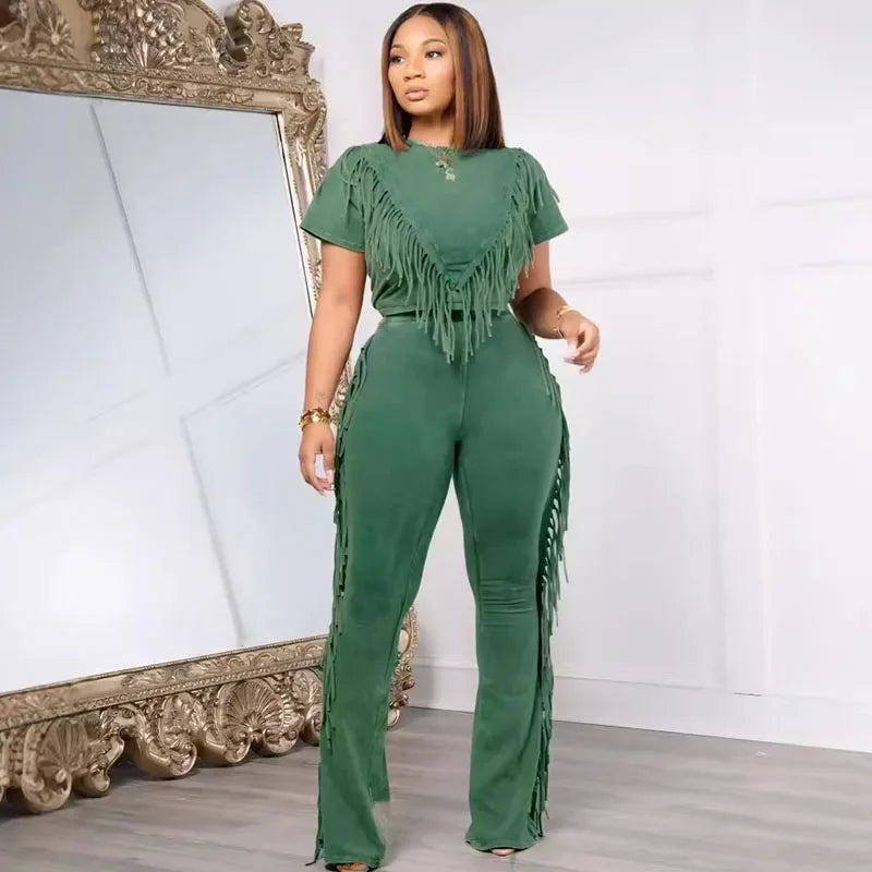 Stylishly modeled Women’s Streetwear Tassel Two Piece Set Casual T-shirt Top and Flare Pants Sporty Fitness Tracksuit.