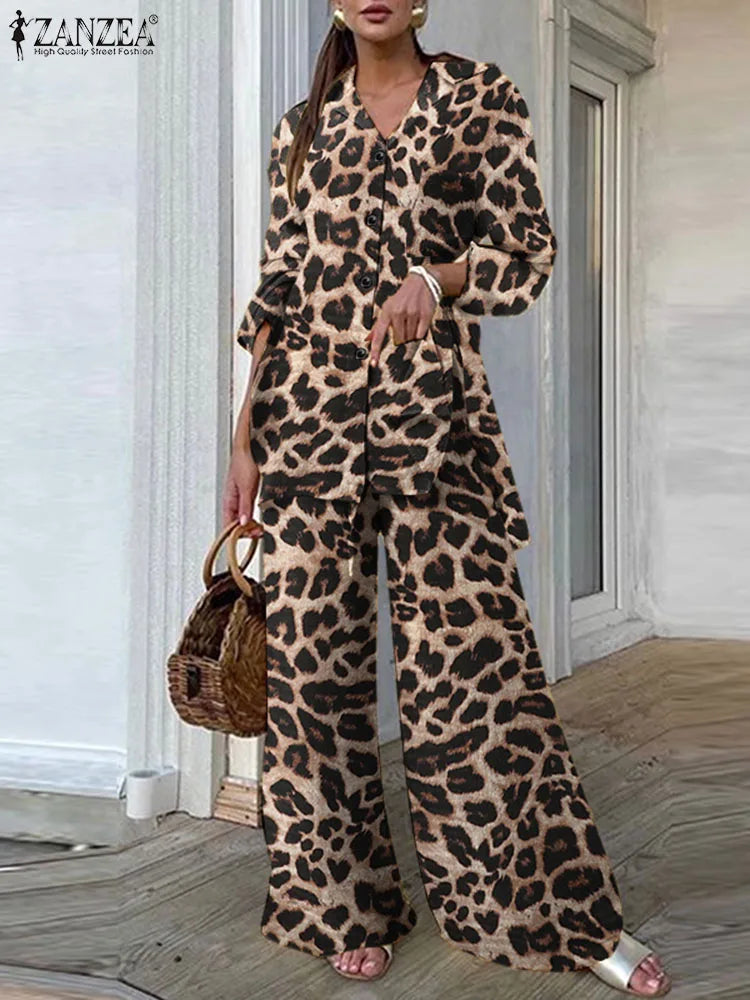 Leopard Print Vintage Two Piece Pant Set For Women Loose Top Wide Leg Pants
