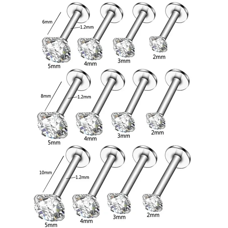 10Pcs 16G Stainless Steel Labret Lip Studs Set with CZ Crystal for Ear Cartilage and Tragus Piercings in various sizes.