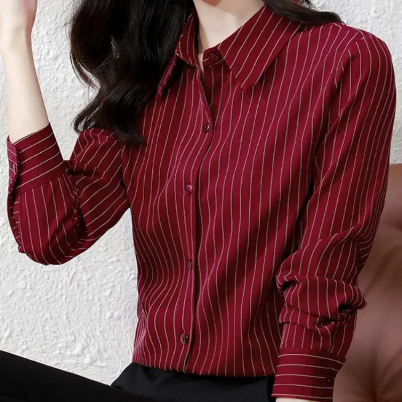 Stylish striped long sleeve women shirt button up blouse in lightweight chiffon, perfect for elegant casual office wear.