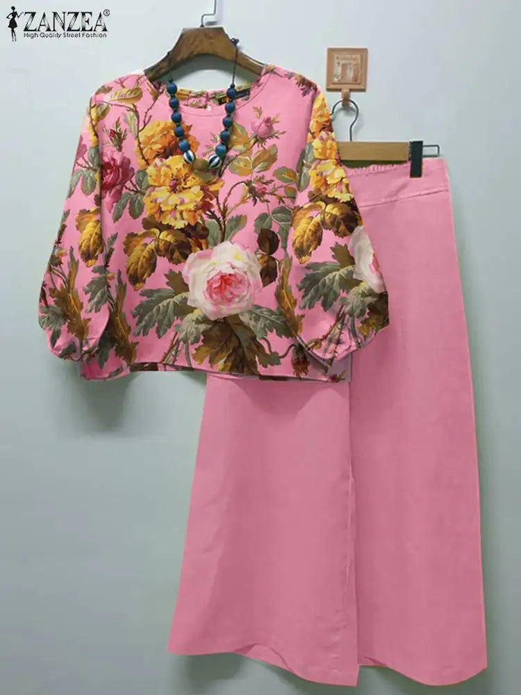 Bohemian Floral Print Two Piece Outfit With Blouse And Wide Leg Pants Elastic Waist Three Quarter Sleeve