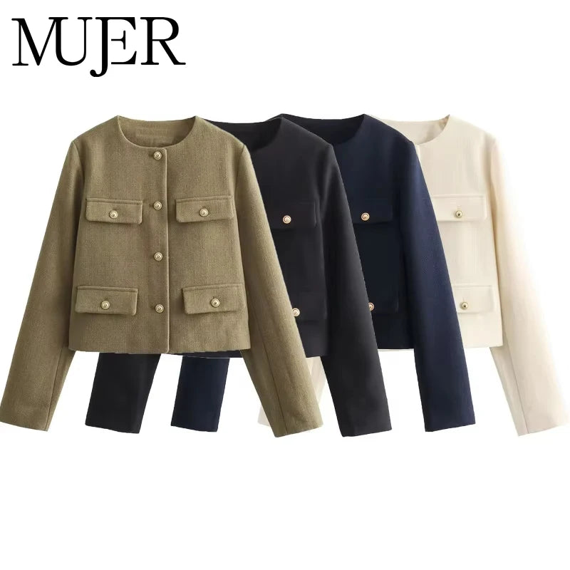 Women's Tweed Cropped Jacket With Long Sleeves Vintage