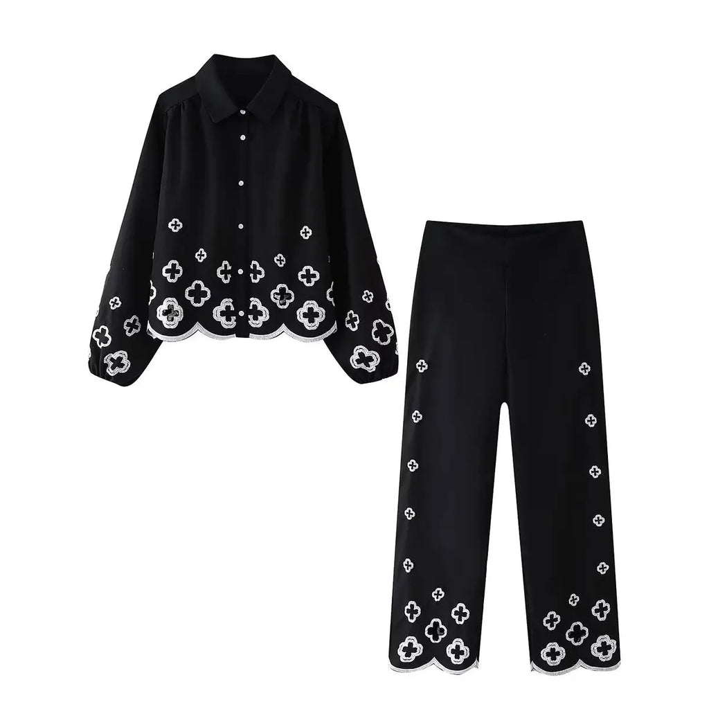 Women's Black Embroidered Suit Set With Single Breasted Shirt And Wide Leg Pants Vintage Casual Chic