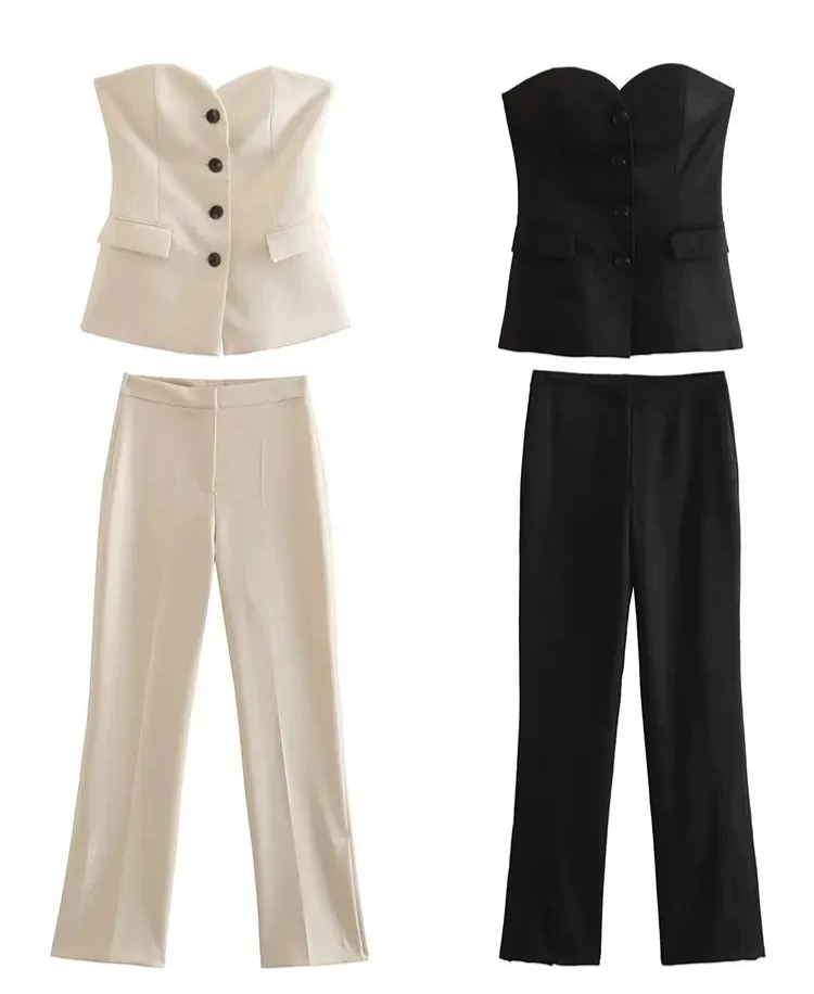 Women Summer Elegant 2-Piece Set with Slim Tube Top and High Waist Pants, perfect for chic warm-weather occasions.