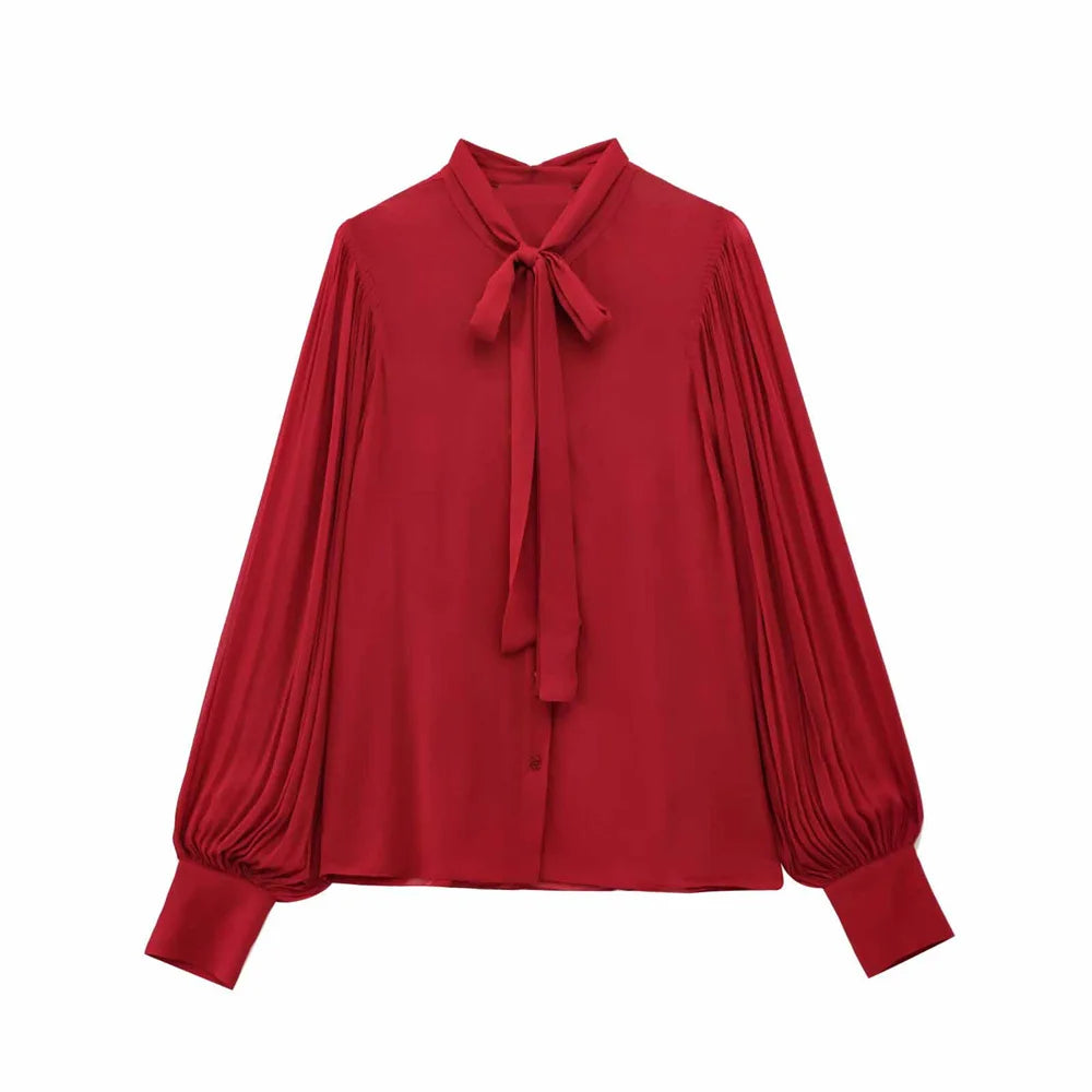 Stylish Women’s Casual Long Sleeve Bow Tie Shirt Retro Loose Fit Solid Color Spring Top by Taop&Za for versatile wear.