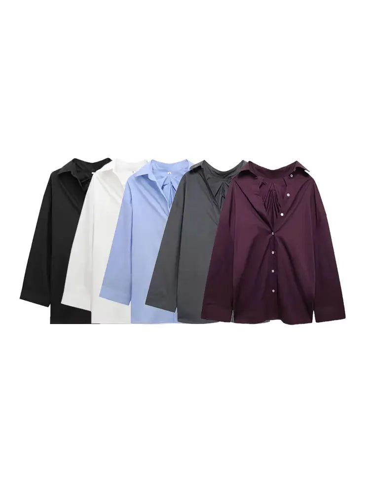 Stylish Oversized Pleated Back Long Sleeve Button-Up Shirt for Women Chic Fashion Blouse Top in various colors by TRZA.