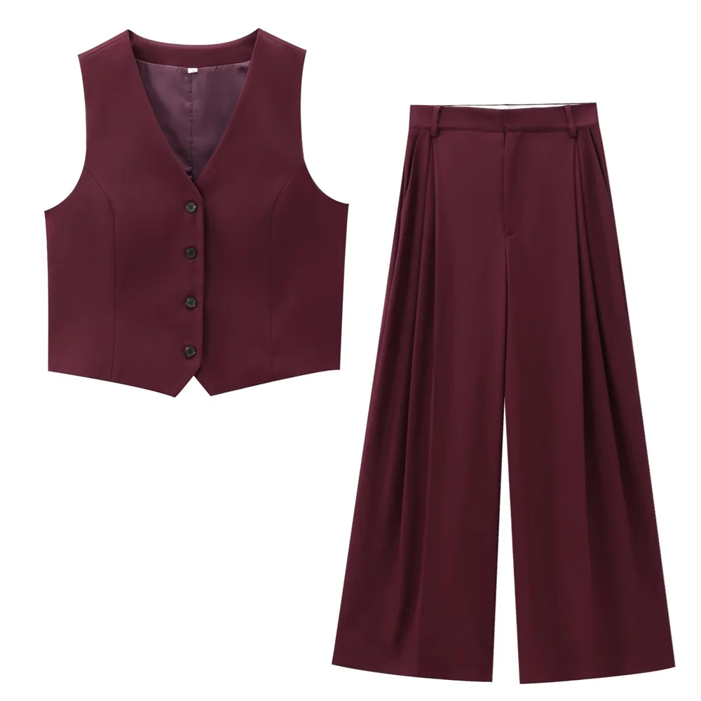 Women's Autumn Slim Fit V-Neck Vest and Double Pleated Pants Set, perfect for chic commuting in style and comfort.