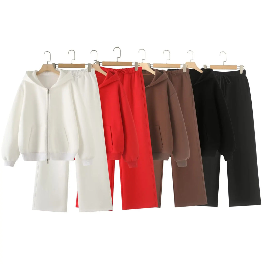 Discover the Hooded Zipper Decorated Sweatshirt and Straight Leg Pants Set for Women, Stylish Autumn Loungewear Outfit in various colors.