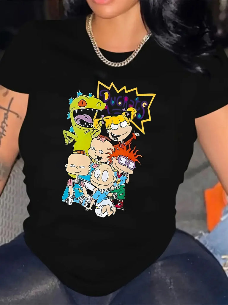 Women's Casual Cartoon Graphic Top Featuring Rugrats Characters in Comfortable Polyester Blend with Spandex