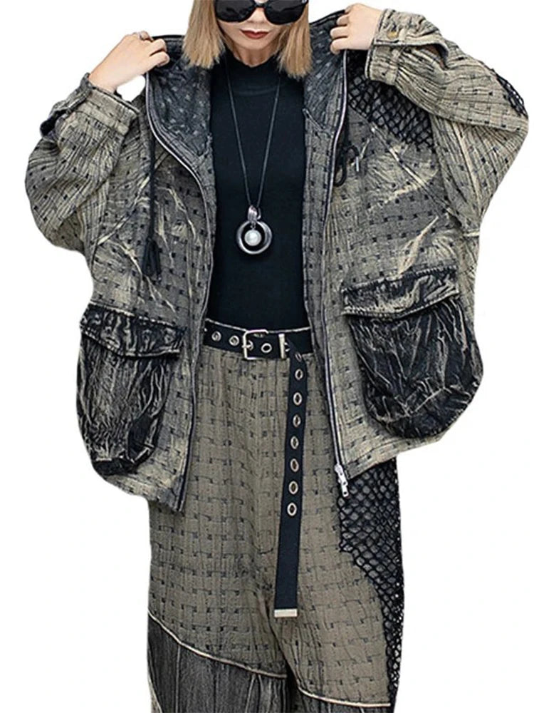 Stylish Vintage Denim Two Piece Women's Jacket and Pants Set with Hooded Coat and Casual Mesh Pants by Amax LuluE.