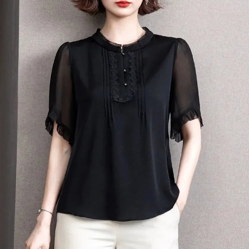 Stylish Women’s Summer Chiffon Blouse Casual Short Sleeve O-Neck Top in Black, perfect for warm, breathable comfort.