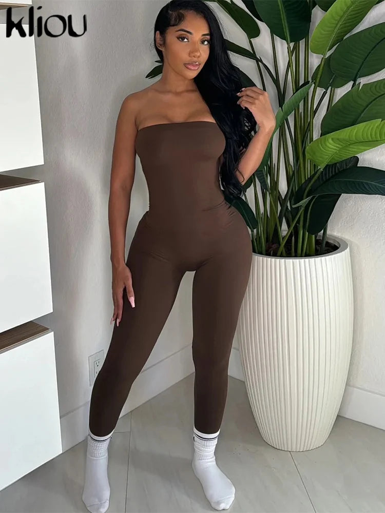Kliou's Strapless Casual Women Jumpsuit Slim Sleeveless Elastic Waist Solid Color Overalls is perfect for chic daily wear.