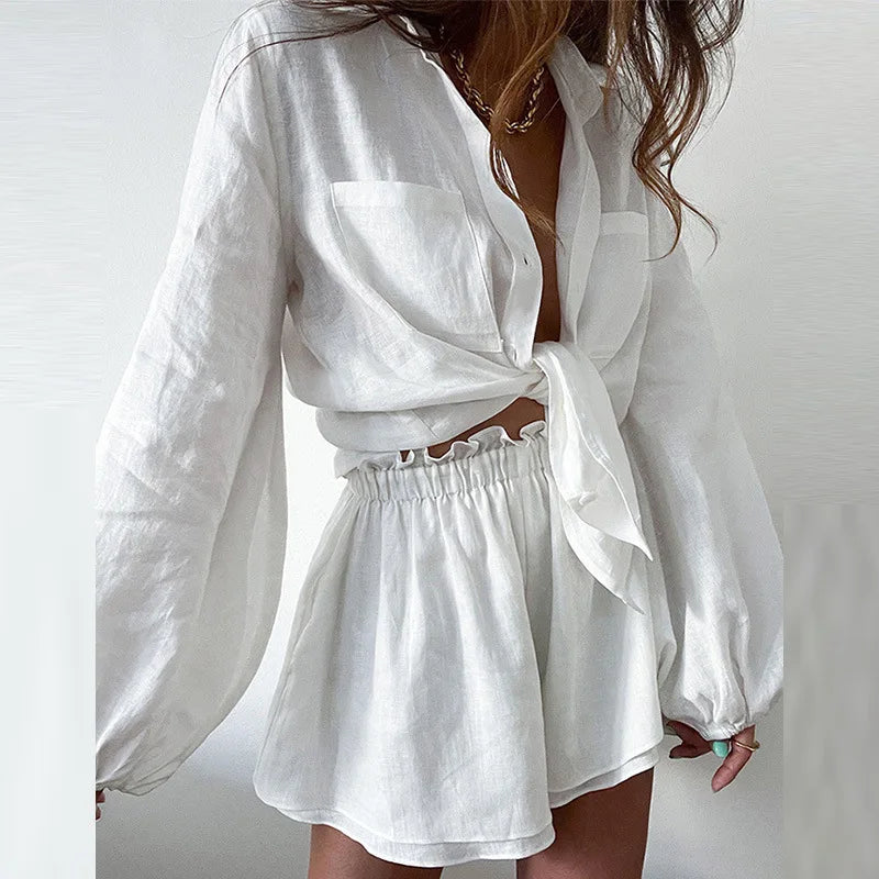 Stylish Women Two Piece Summer Outfit Set Long Sleeve Button Down Blouse and Relaxed Shorts from Balimtoy for comfort.