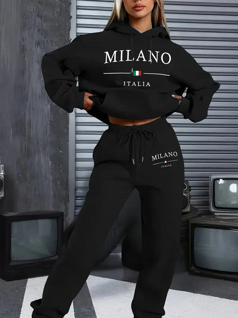 Milan Inspired Women's Tracksuit Set With Cartoon Print Sweatshirt And Long Pants