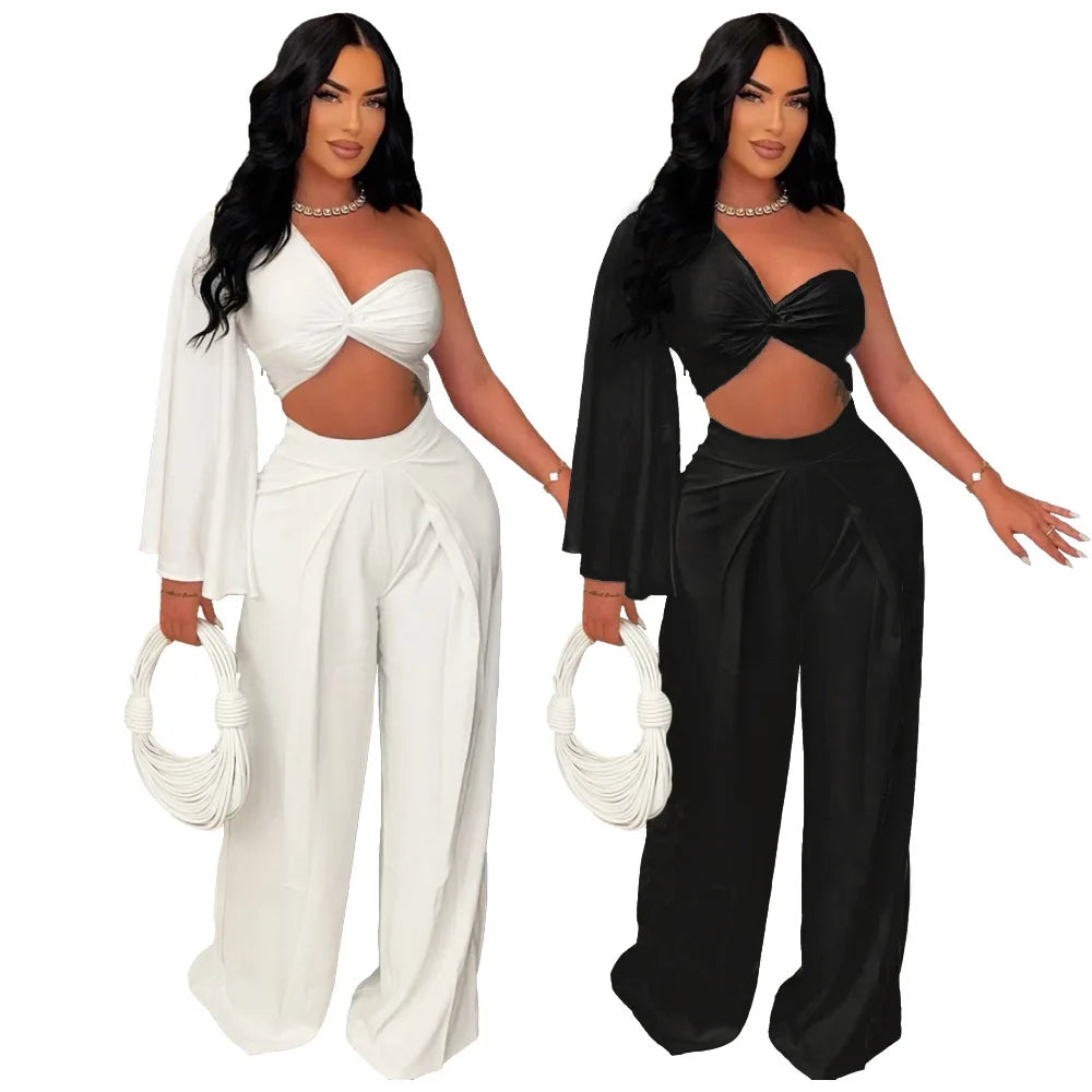 Elevate your style with the Women's Ruched One Shoulder Sleeve Crop Top and Wide Leg Pants Two Piece Set Outfit.
