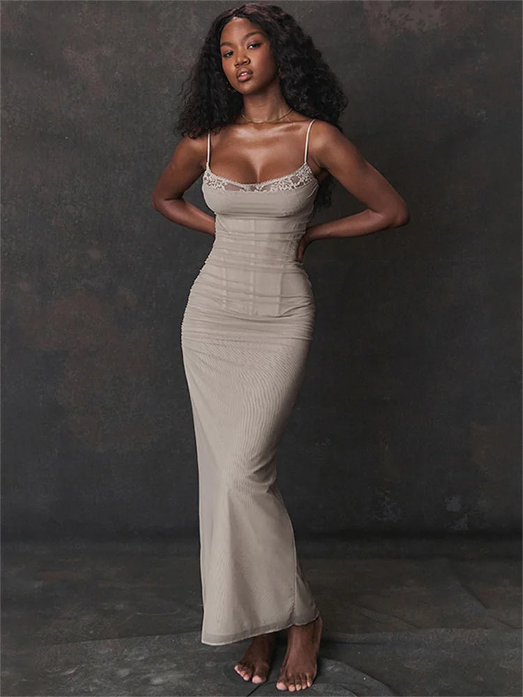 Patchwork Lace Mesh Bodycon Dress With Spaghetti Straps