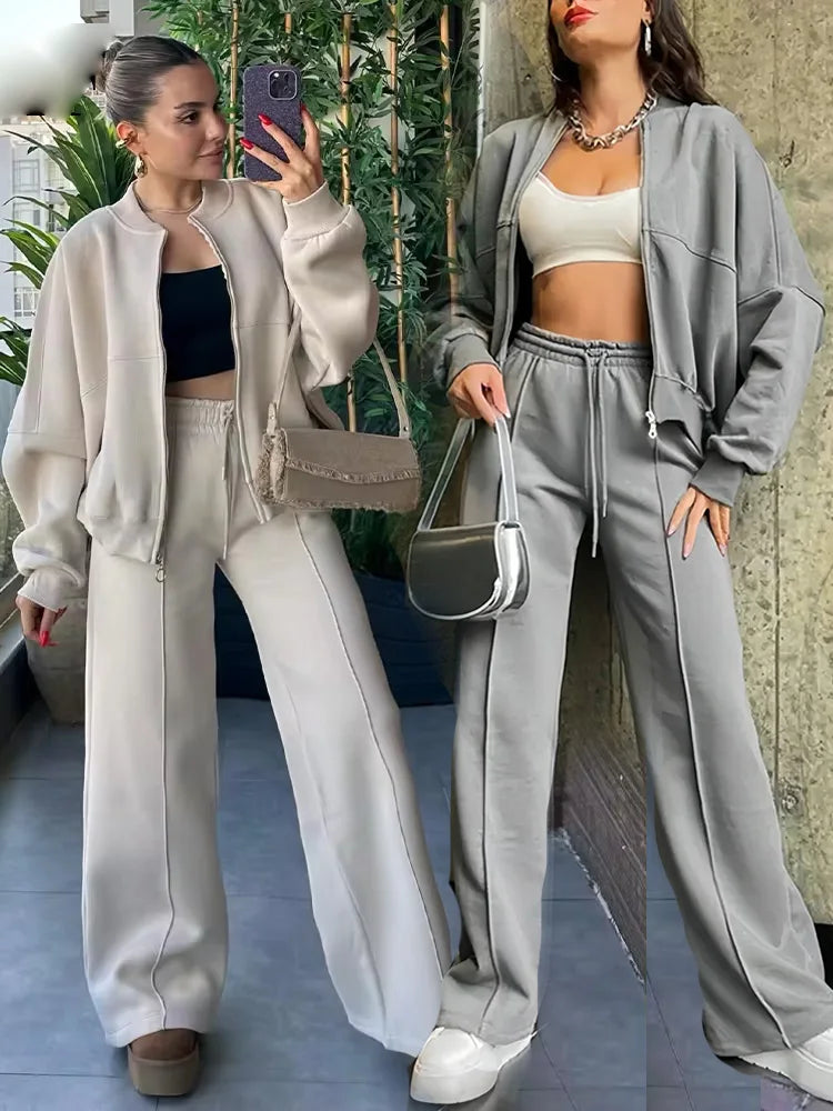 Women's Thick Fleece Lined Hoodie Coat with Drawstring High Waist Loose Casual Pants Set Cozy Autumn Streetwear