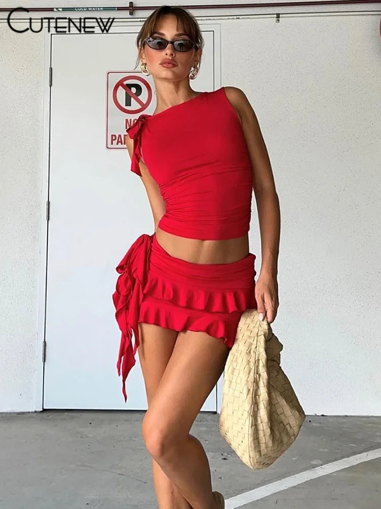 Women’s Halter Lace-Up Two-Piece Set with Spaghetti Strap Camisole and Slim Fit Mini Skirt Stylish Streetwear Dress Suit