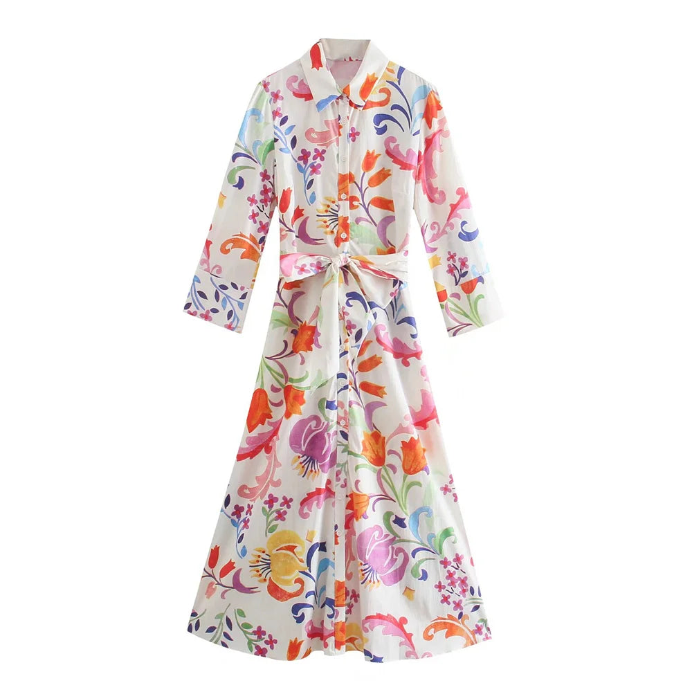Printed Belted Midi Shirt Dress With Flip Collar Summer