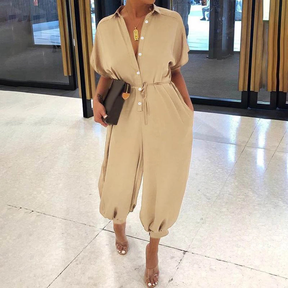 Stylish High Waist One Piece Short Sleeve Jumpsuit for Women, perfect casual summer bodysuit with relaxed fit trousers.