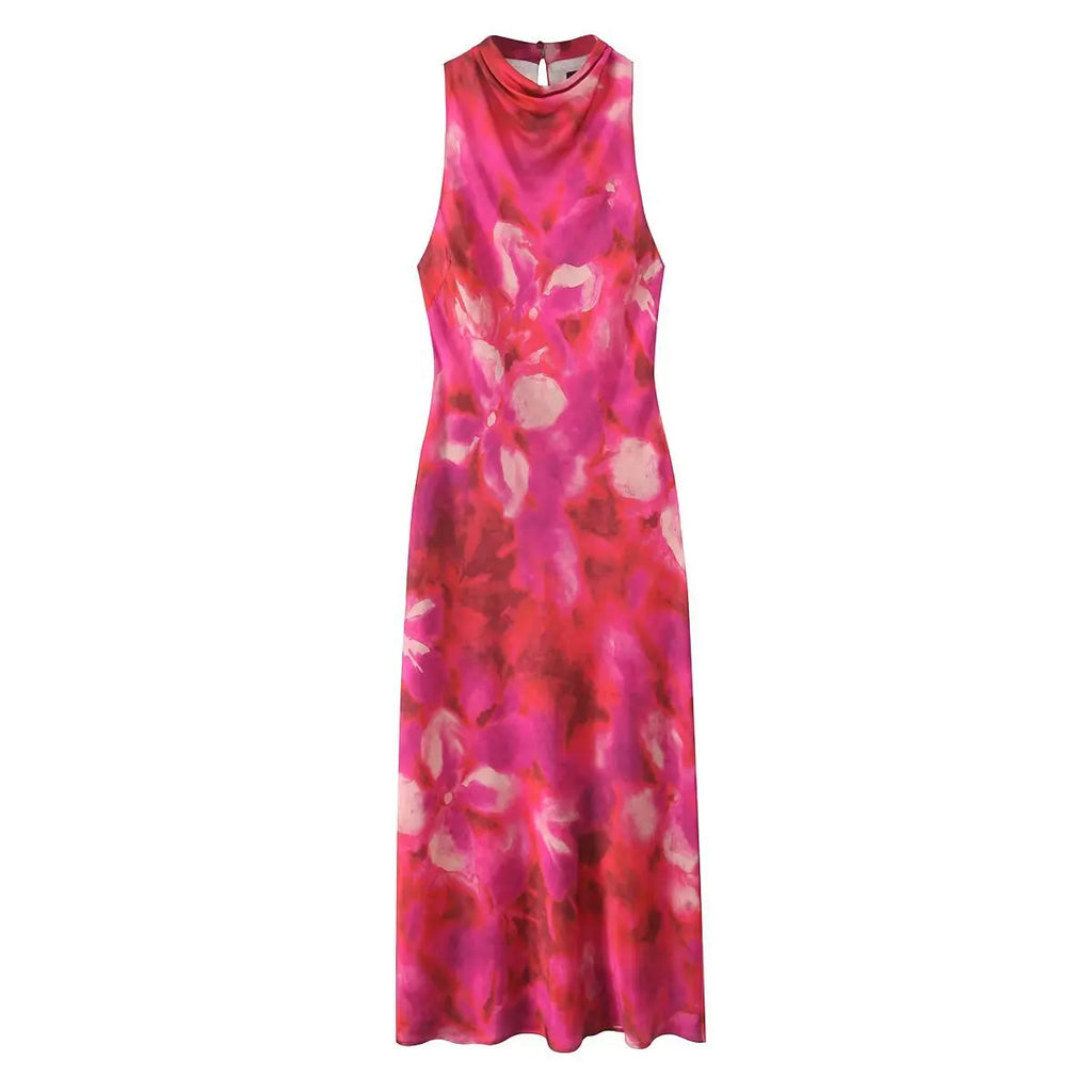 Printed Halter Neck Dress With Button Back for Women
