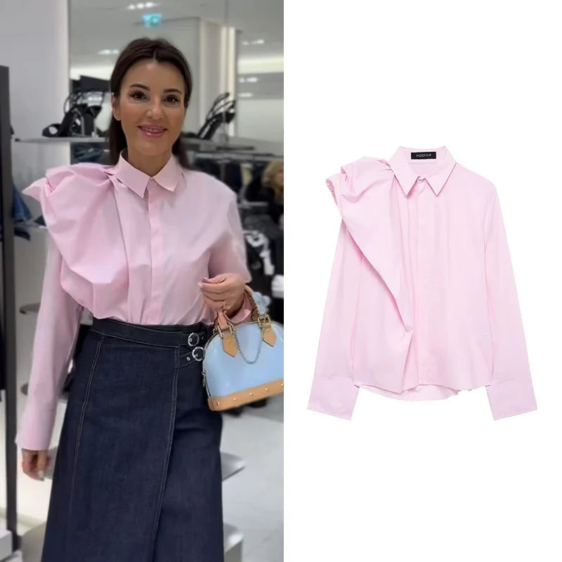 Chic Women Long Sleeve Blouse with Turn Down Collar Pink Spring Top features a stylish shoulder design, perfect for office wear.