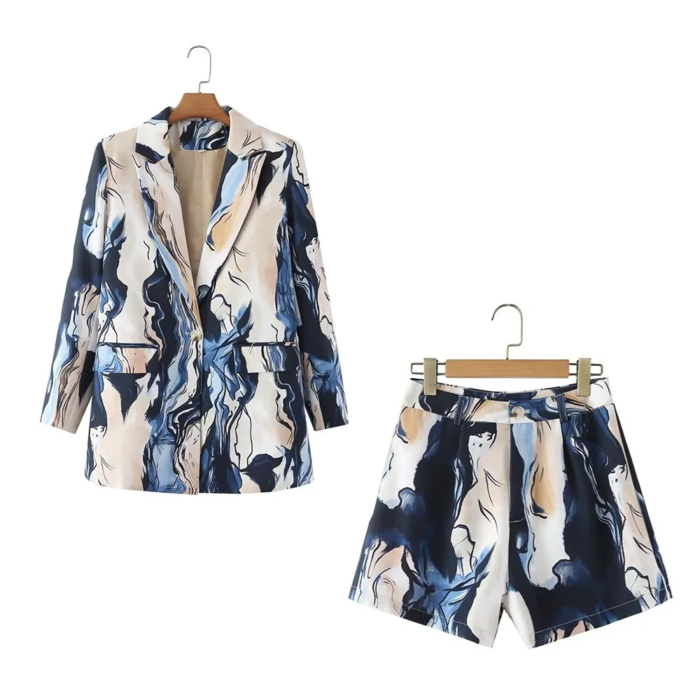Stylish Women's Fashion Casual Printed Suit Shorts Set offers versatile commuter style with temperament and elegant design.